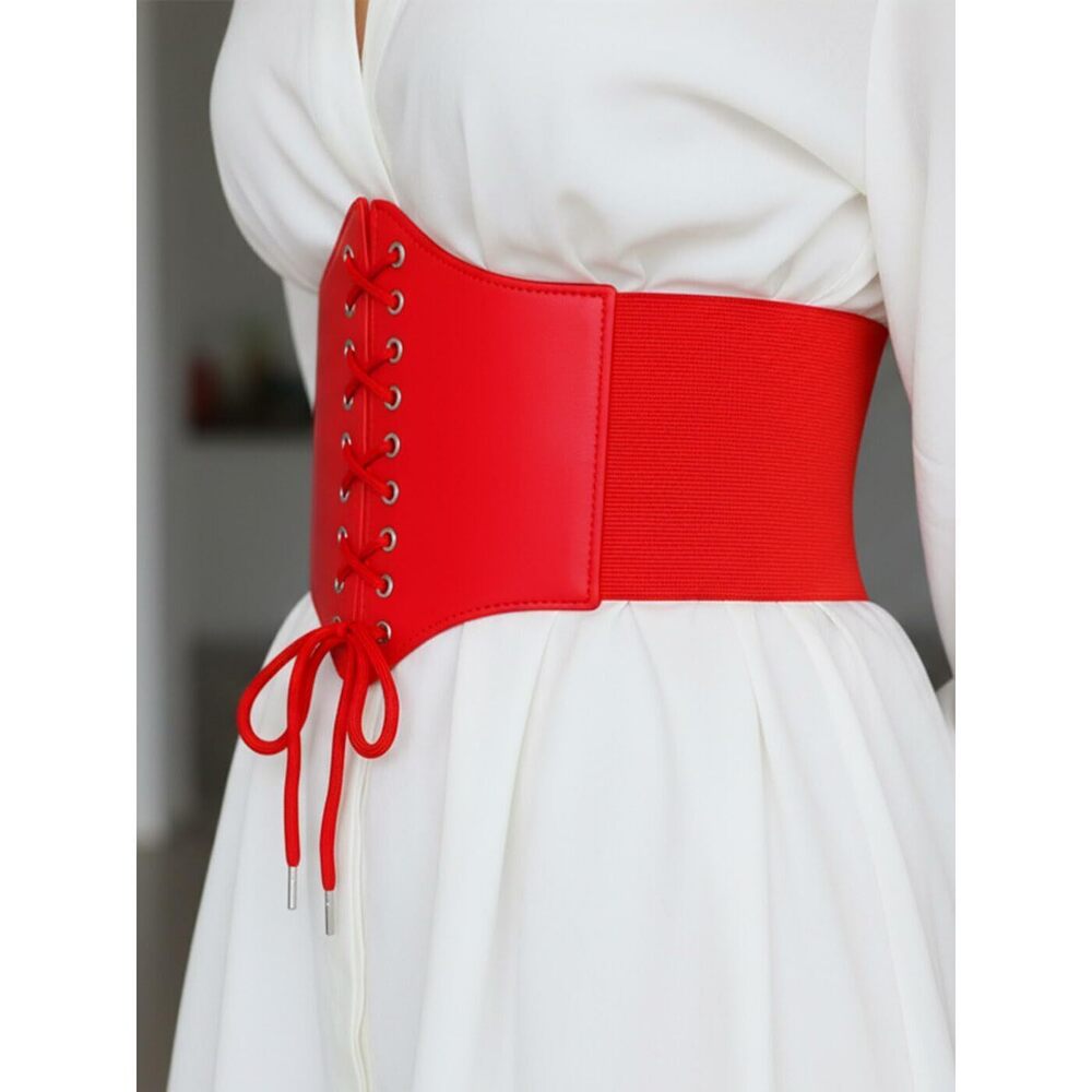 9774 Stretchy Leather Corset Belt Elastic Red Waist Belts Wide Costume - Picture 2 of 6